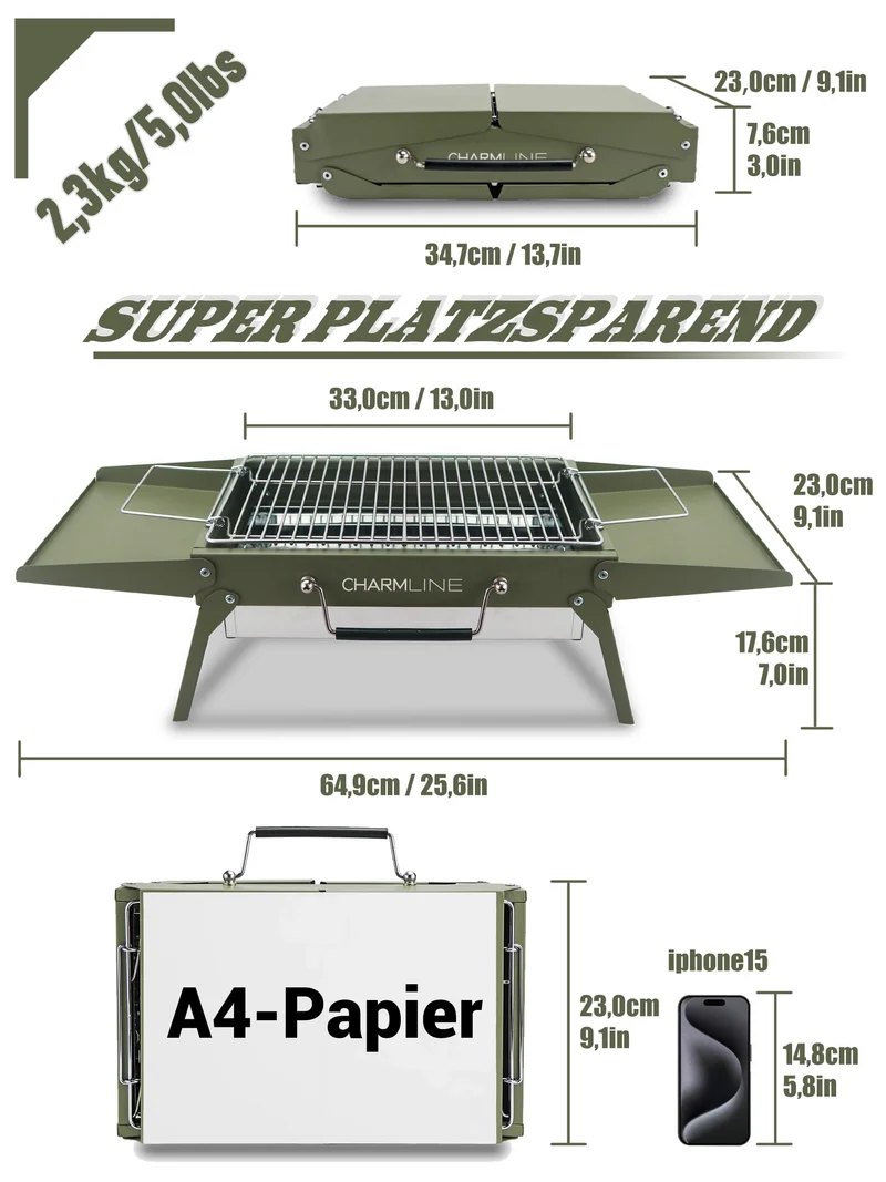 Tragbarer Holzkohlegrill, Klappbarer Campinggrill 35 x 23 cm für 1–3 Personen, Mini BBQ Grill für Balkon, Garten, Camping, Picknick und Strand