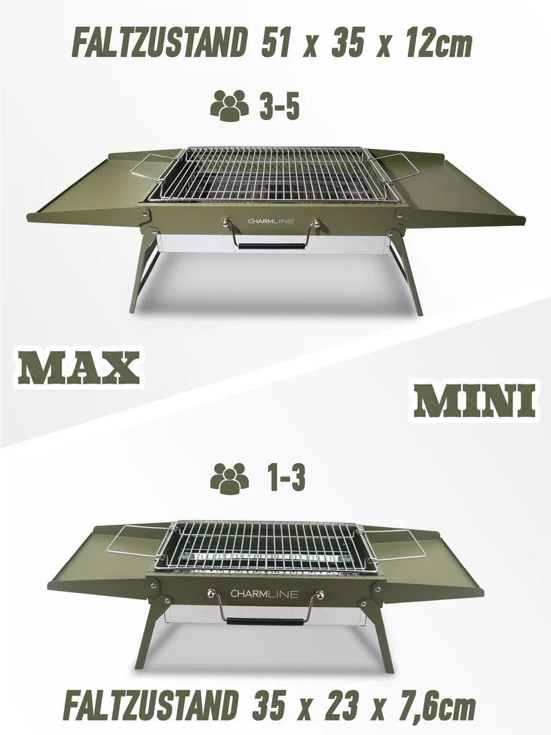 Tragbarer Holzkohlegrill, Klappbarer Campinggrill 35 x 23 cm für 1–3 Personen, Mini BBQ Grill für Balkon, Garten, Camping, Picknick und Strand