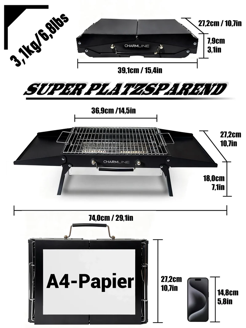 Tragbarer Holzkohlegrill, Klappbarer Campinggrill 35 x 23 cm für 1–3 Personen, Mini BBQ Grill für Balkon, Garten, Camping, Picknick und Strand