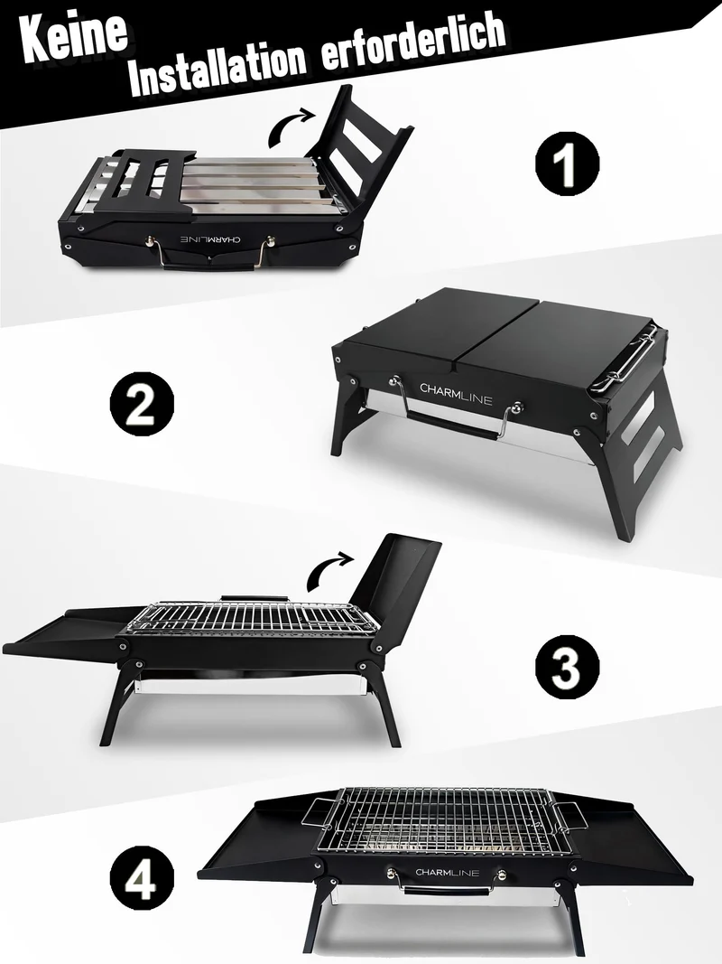 Tragbarer Holzkohlegrill, Klappbarer Campinggrill 35 x 23 cm für 1–3 Personen, Mini BBQ Grill für Balkon, Garten, Camping, Picknick und Strand