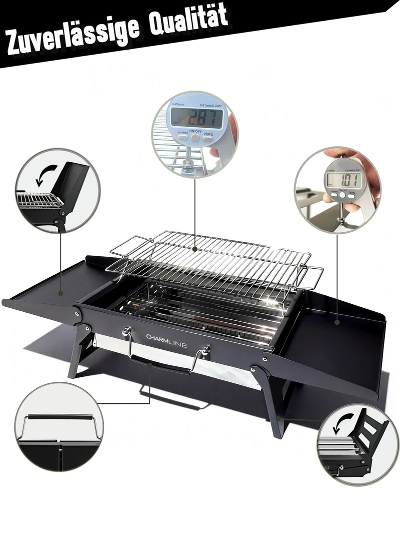 Tragbarer Holzkohlegrill, Klappbarer Campinggrill 35 x 23 cm für 1–3 Personen, Mini BBQ Grill für Balkon, Garten, Camping, Picknick und Strand