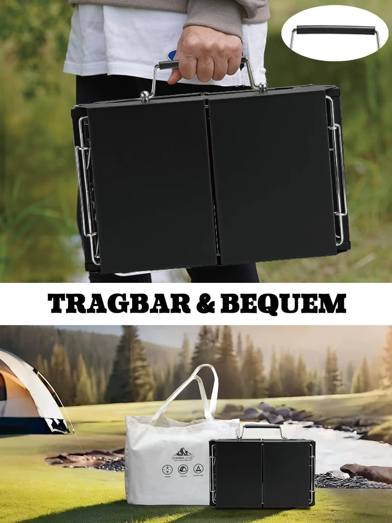 Tragbarer Holzkohlegrill, Klappbarer Campinggrill 35 x 23 cm für 1–3 Personen, Mini BBQ Grill für Balkon, Garten, Camping, Picknick und Strand