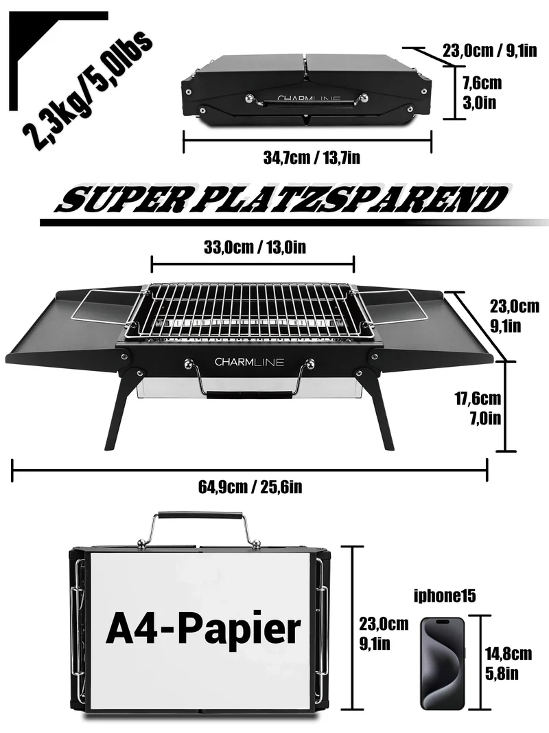 Tragbarer Holzkohlegrill, Klappbarer Campinggrill 35 x 23 cm für 1–3 Personen, Mini BBQ Grill für Balkon, Garten, Camping, Picknick und Strand
