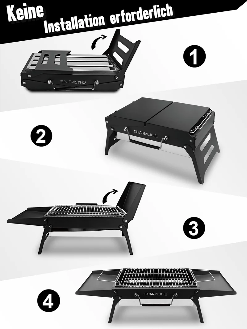 Tragbarer Holzkohlegrill, Klappbarer Campinggrill 35 x 23 cm für 1–3 Personen, Mini BBQ Grill für Balkon, Garten, Camping, Picknick und Strand
