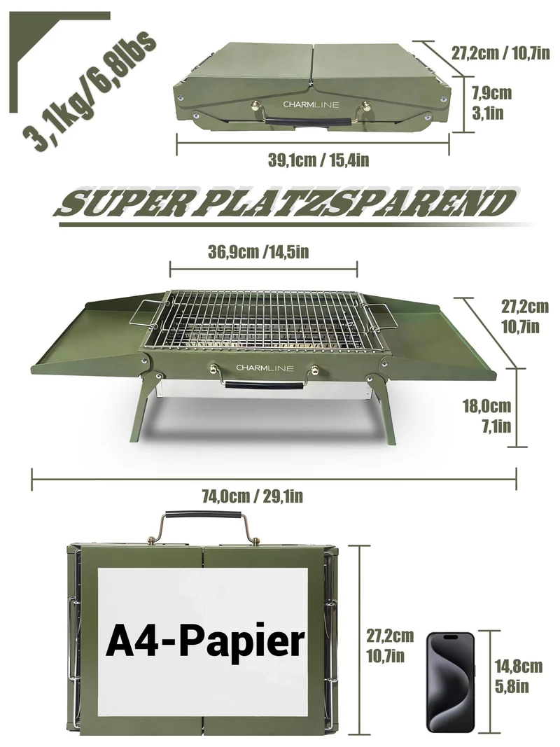 Tragbarer Holzkohlegrill, Klappbarer Campinggrill 35 x 23 cm für 1–3 Personen, Mini BBQ Grill für Balkon, Garten, Camping, Picknick und Strand