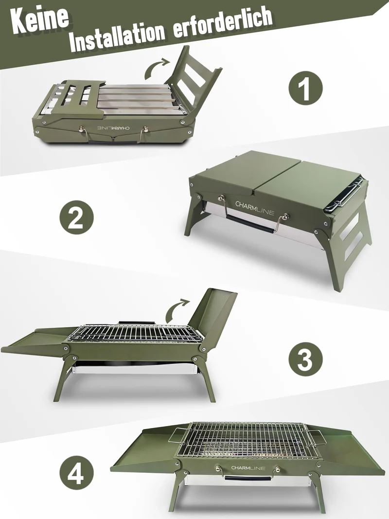 Tragbarer Holzkohlegrill, Klappbarer Campinggrill 35 x 23 cm für 1–3 Personen, Mini BBQ Grill für Balkon, Garten, Camping, Picknick und Strand