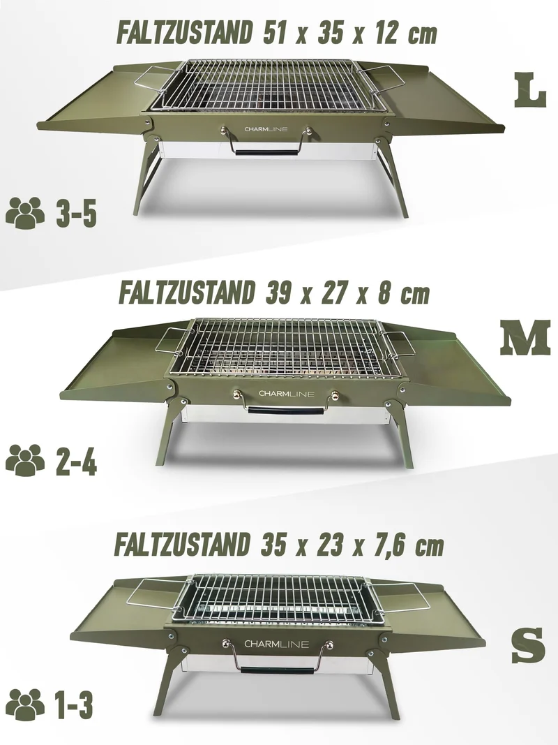 Tragbarer Holzkohlegrill, Klappbarer Campinggrill 35 x 23 cm für 1–3 Personen, Mini BBQ Grill für Balkon, Garten, Camping, Picknick und Strand