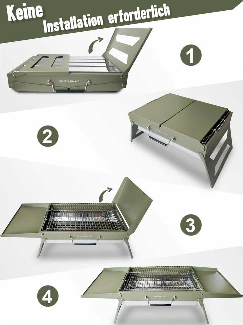 Tragbarer Holzkohlegrill, Klappbarer Campinggrill 35 x 23 cm für 1–3 Personen, Mini BBQ Grill für Balkon, Garten, Camping, Picknick und Strand