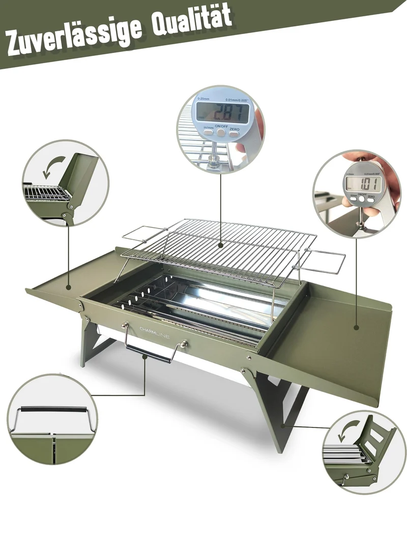Tragbarer Holzkohlegrill, Klappbarer Campinggrill 35 x 23 cm für 1–3 Personen, Mini BBQ Grill für Balkon, Garten, Camping, Picknick und Strand