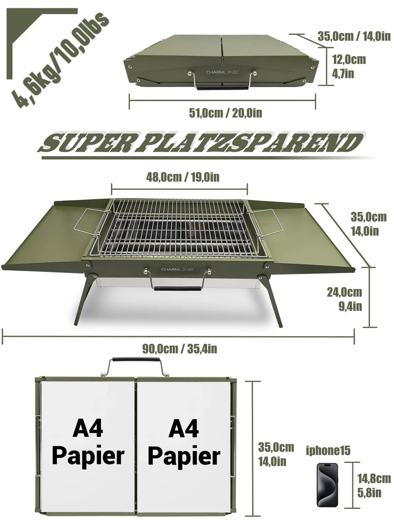 Tragbarer Holzkohlegrill, Klappbarer Campinggrill 35 x 23 cm für 1–3 Personen, Mini BBQ Grill für Balkon, Garten, Camping, Picknick und Strand