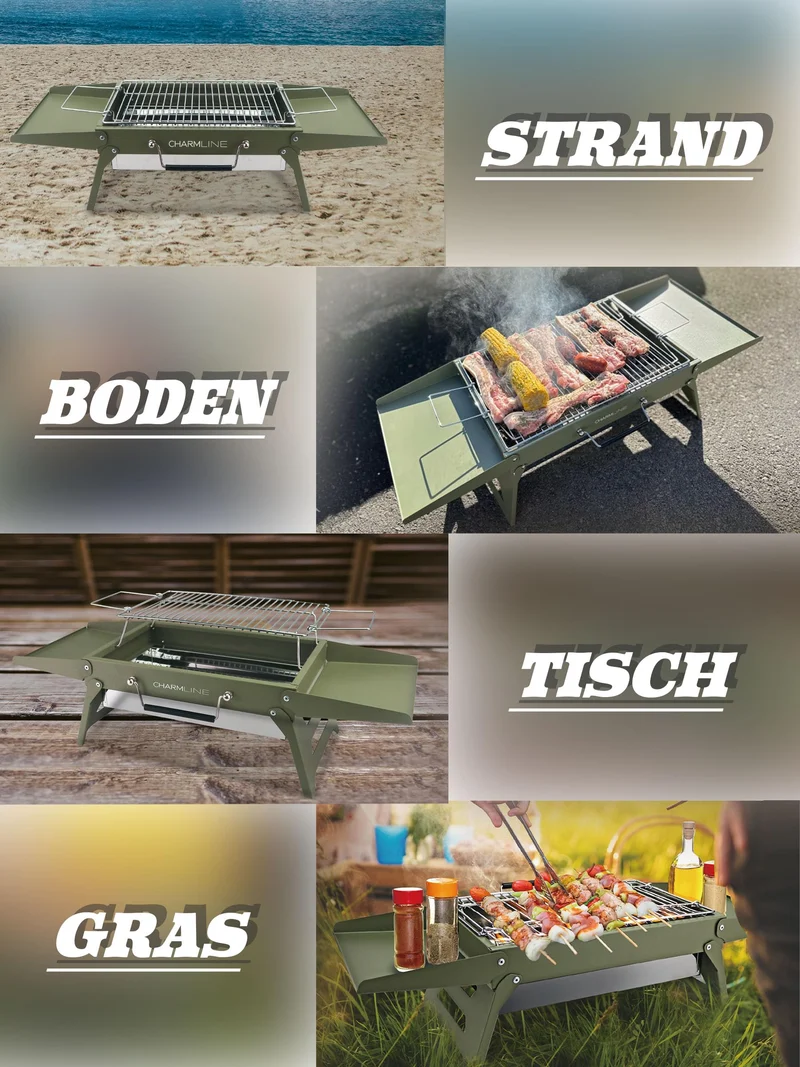 Tragbarer Holzkohlegrill, Klappbarer Campinggrill 35 x 23 cm für 1–3 Personen, Mini BBQ Grill für Balkon, Garten, Camping, Picknick und Strand