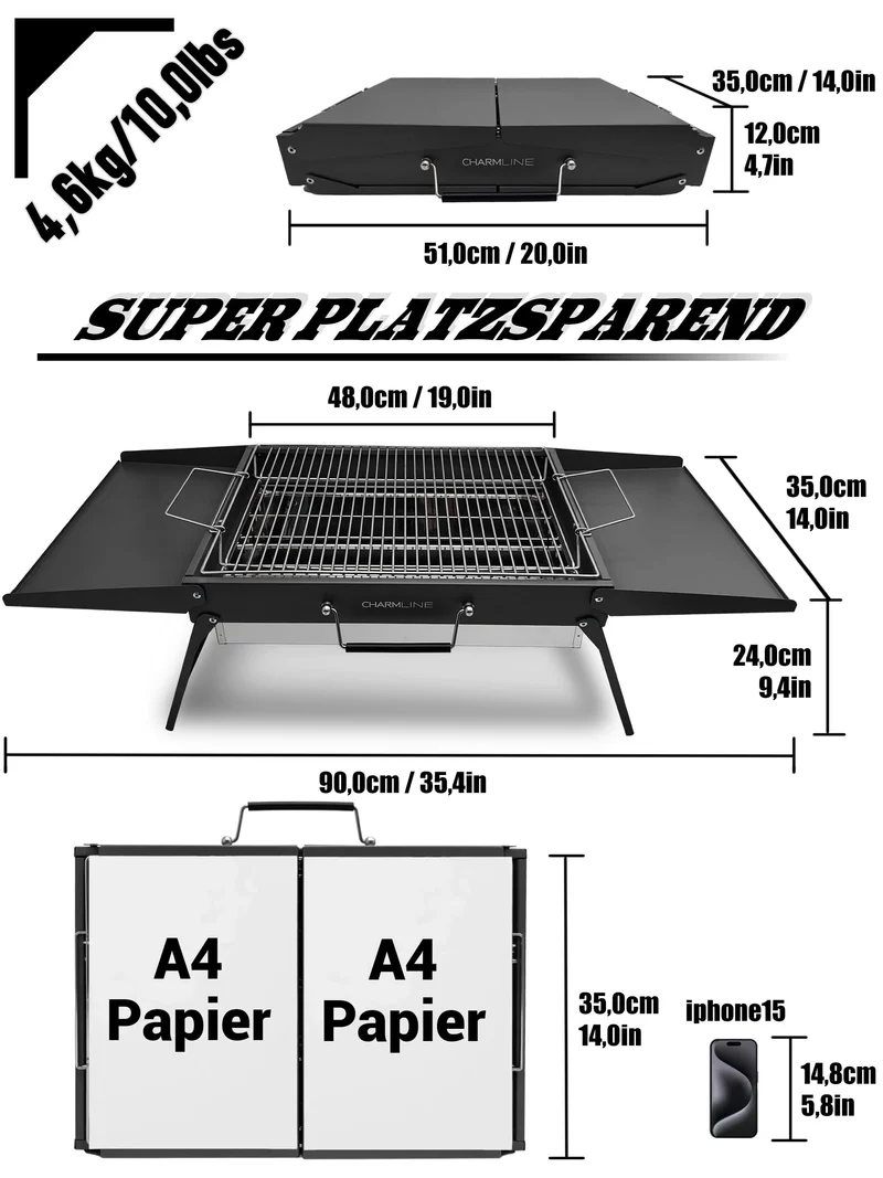 Tragbarer Holzkohlegrill, Klappbarer Campinggrill 35 x 23 cm für 1–3 Personen, Mini BBQ Grill für Balkon, Garten, Camping, Picknick und Strand