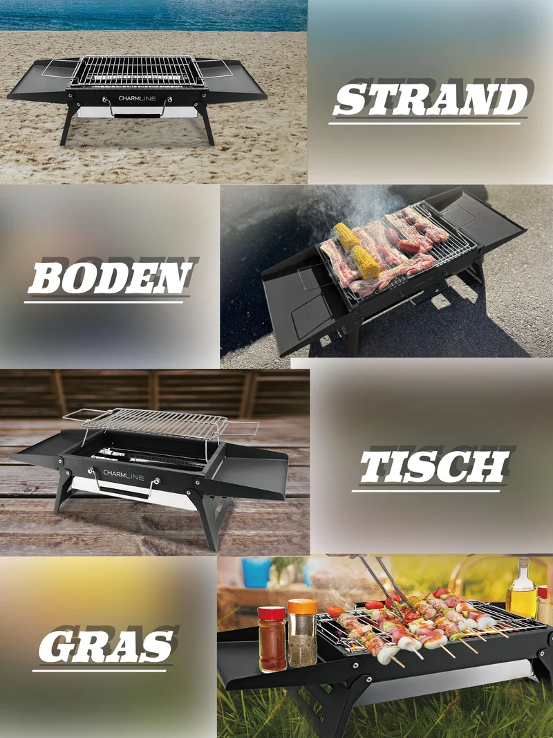 Tragbarer Holzkohlegrill, Klappbarer Campinggrill 35 x 23 cm für 1–3 Personen, Mini BBQ Grill für Balkon, Garten, Camping, Picknick und Strand