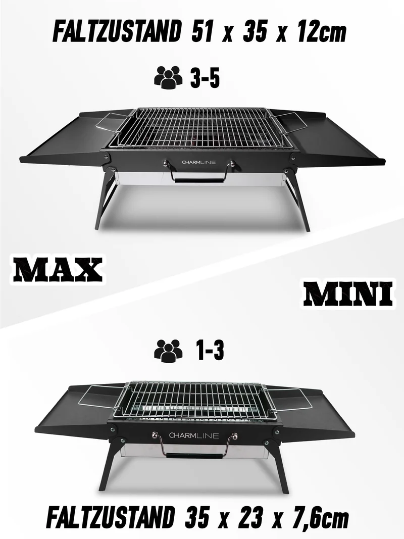 Tragbarer Holzkohlegrill, Klappbarer Campinggrill 35 x 23 cm für 1–3 Personen, Mini BBQ Grill für Balkon, Garten, Camping, Picknick und Strand