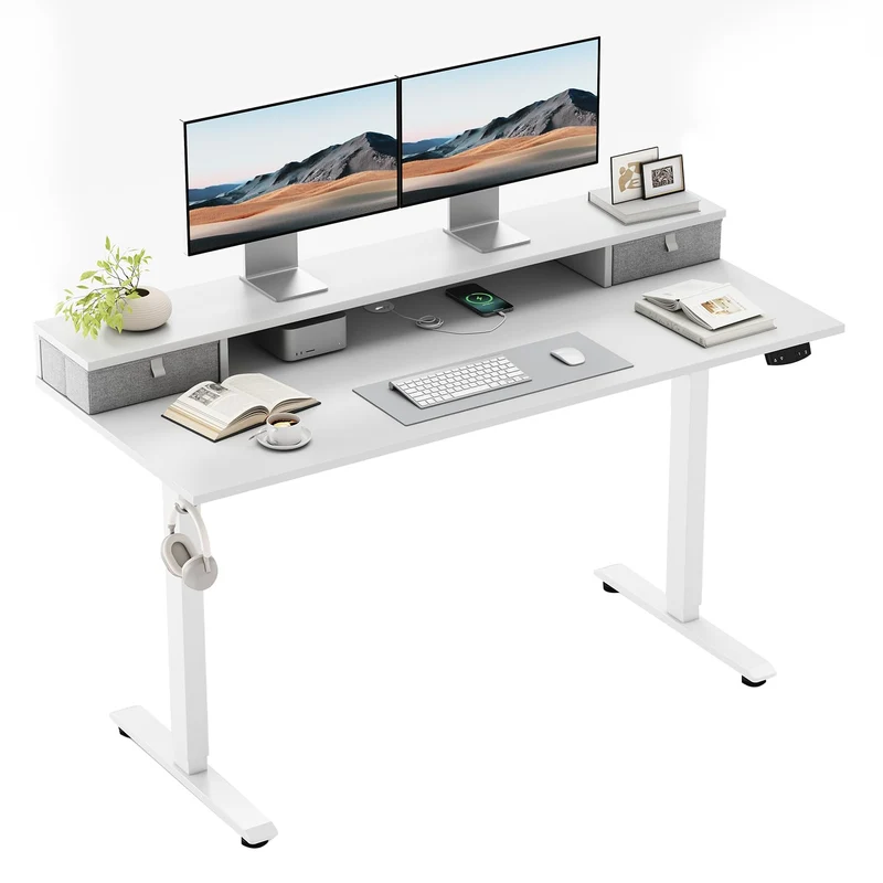 Höhenverstellbarer Schreibtisch mit Doppelschubladen, Elektrisch Höhenverstellbarer Schreibtisch, Sitz-Steh-Computertisch, Ergonomischer Stehschreibtisch
