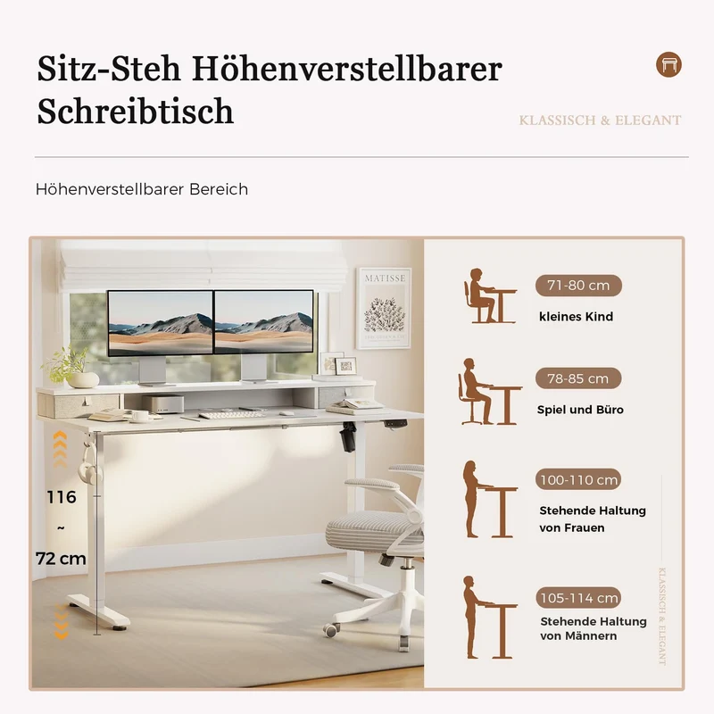 Höhenverstellbarer Schreibtisch mit Doppelschubladen, Elektrisch Höhenverstellbarer Schreibtisch, Sitz-Steh-Computertisch, Ergonomischer Stehschreibtisch