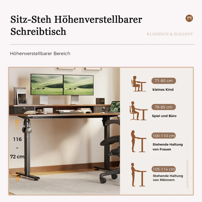 Höhenverstellbarer Schreibtisch mit Doppelschubladen, Elektrisch Höhenverstellbarer Schreibtisch, Sitz-Steh-Computertisch, Ergonomischer Stehschreibtisch