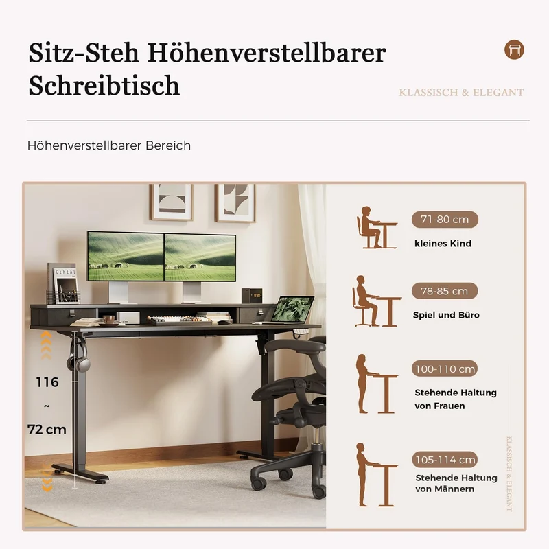 Höhenverstellbarer Schreibtisch mit Doppelschubladen, Elektrisch Höhenverstellbarer Schreibtisch, Sitz-Steh-Computertisch, Ergonomischer Stehschreibtisch