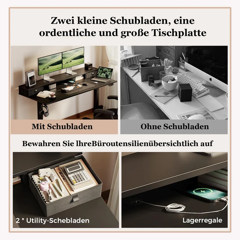 Höhenverstellbarer Schreibtisch mit Doppelschubladen, Elektrisch Höhenverstellbarer Schreibtisch, Sitz-Steh-Computertisch, Ergonomischer Stehschreibtisch