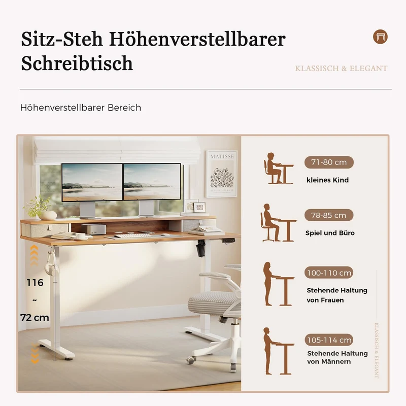 Höhenverstellbarer Schreibtisch mit Doppelschubladen, Elektrisch Höhenverstellbarer Schreibtisch, Sitz-Steh-Computertisch, Ergonomischer Stehschreibtisch