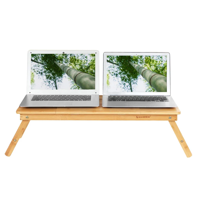 Laptoptisch für Bett, Laptopständer, Winkel- und höhenverstellbar, klappbare Beine, für Laptops bis 15,6 Zoll, Arbeiten, Lesen, Bambusbeine, Schublade, 55,5 x 34,9 cm, vintagebraun LLD105B01