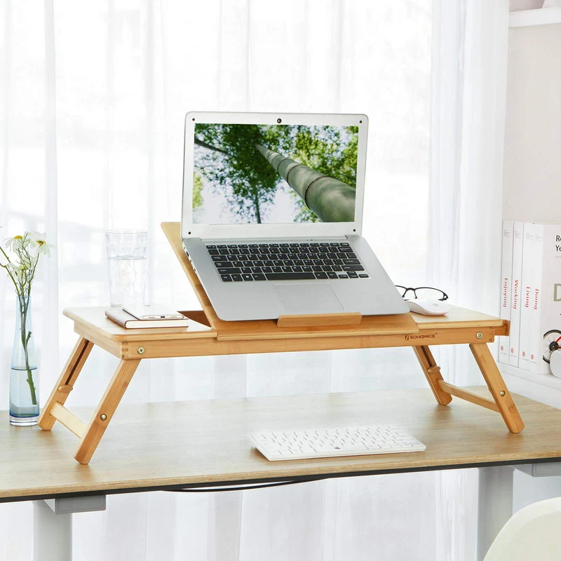 Laptoptisch für Bett, Laptopständer, Winkel- und höhenverstellbar, klappbare Beine, für Laptops bis 15,6 Zoll, Arbeiten, Lesen, Bambusbeine, Schublade, 55,5 x 34,9 cm, vintagebraun LLD105B01