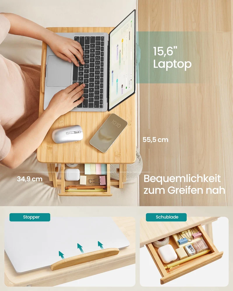 Laptoptisch für Bett, Laptopständer, Winkel- und höhenverstellbar, klappbare Beine, für Laptops bis 15,6 Zoll, Arbeiten, Lesen, Bambusbeine, Schublade, 55,5 x 34,9 cm, vintagebraun LLD105B01