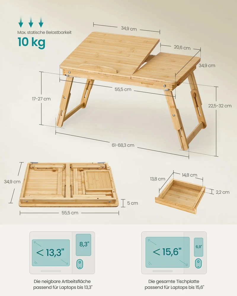 Laptoptisch für Bett, Laptopständer, Winkel- und höhenverstellbar, klappbare Beine, für Laptops bis 15,6 Zoll, Arbeiten, Lesen, Bambusbeine, Schublade, 55,5 x 34,9 cm, vintagebraun LLD105B01