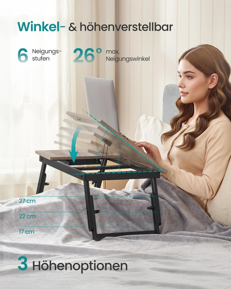 Laptoptisch für Bett, Laptopständer, Winkel- und höhenverstellbar, klappbare Beine, für Laptops bis 15,6 Zoll, Arbeiten, Lesen, Bambusbeine, Schublade, 55,5 x 34,9 cm, vintagebraun LLD105B01
