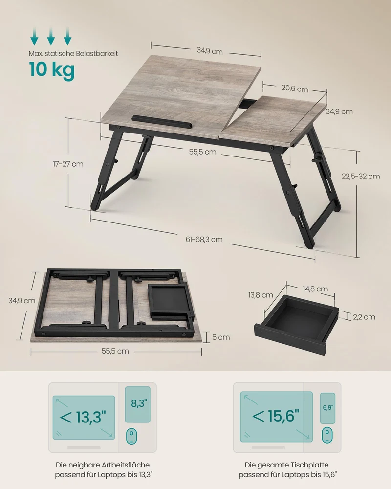 Laptoptisch für Bett, Laptopständer, Winkel- und höhenverstellbar, klappbare Beine, für Laptops bis 15,6 Zoll, Arbeiten, Lesen, Bambusbeine, Schublade, 55,5 x 34,9 cm, vintagebraun LLD105B01
