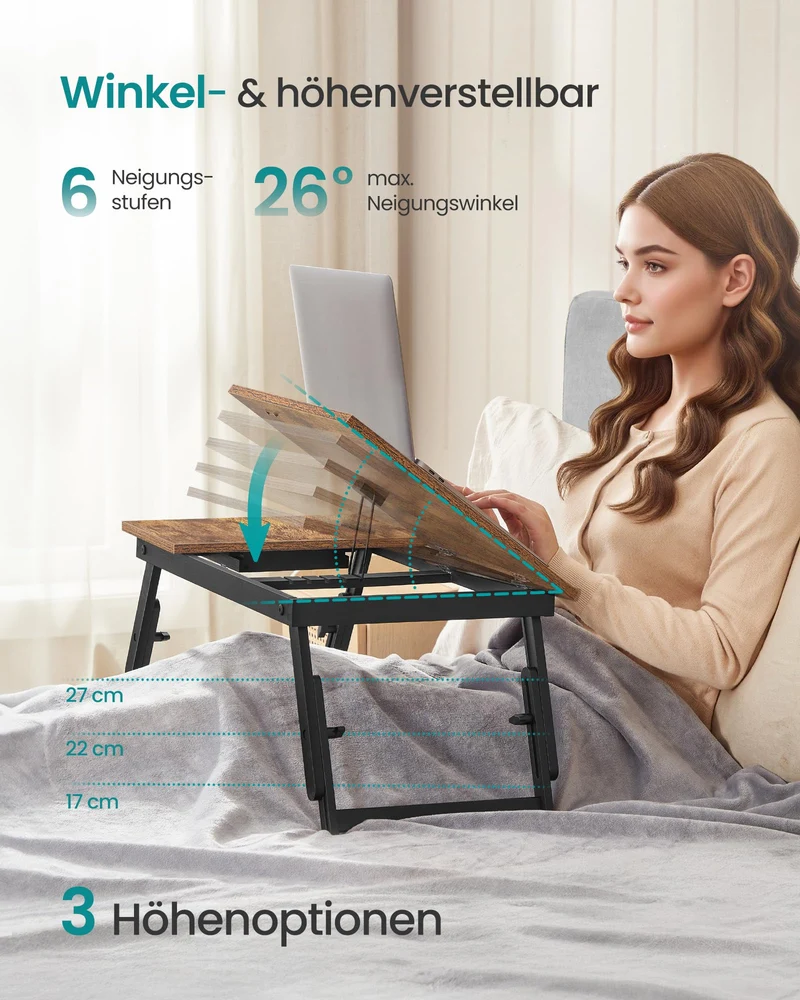 Laptoptisch für Bett, Laptopständer, Winkel- und höhenverstellbar, klappbare Beine, für Laptops bis 15,6 Zoll, Arbeiten, Lesen, Bambusbeine, Schublade, 55,5 x 34,9 cm, vintagebraun LLD105B01