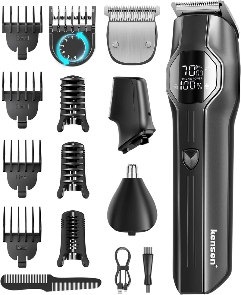 kensen Barttrimmer für Herren, All-in-One, Multistil-Trimmer, 12 in 1, 210 Minuten Akkulaufzeit, Körperhaartrimmer, Nase, Bart, wasserdicht, IPX7, USB-C, LED-Display, für Kopf bis Fuß, 6000/7000 U/min
