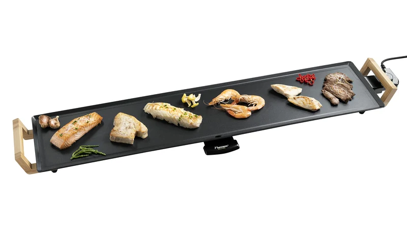 Teppanyaki Grillplatte in Asien Design, mit Bambusgriffen