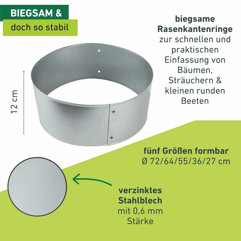 Rasenkanten Baumring-Set variabel, Raseneinfassung, Beeteinfassung, Beetbegrenzung, Mähkante, Rasen-Abgrenzung, DREI Größen formbar: Ø 35/53/70 cm, verzinkt