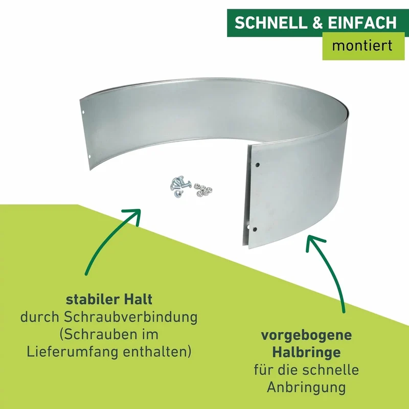 Rasenkanten Baumring-Set variabel, Raseneinfassung, Beeteinfassung, Beetbegrenzung, Mähkante, Rasen-Abgrenzung, DREI Größen formbar: Ø 35/53/70 cm, verzinkt