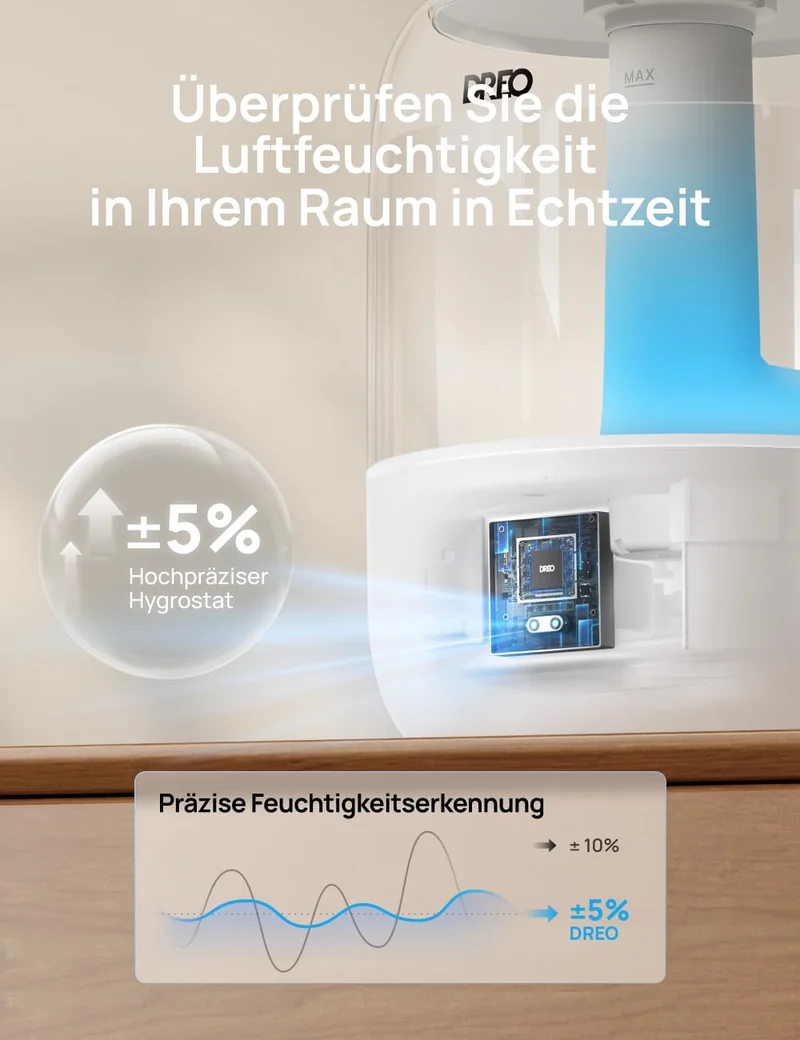 Luftbefeuchter für das Schlafzimmer, Kaltnebel-Ultraschallgerät mit 30 Stunden Laufzeit, 3L Top-Fill-Tank, Feuchtigkeitssensor, Nachtlicht für Babys, Kinderzimmer, für Pflanzen und Zuhause