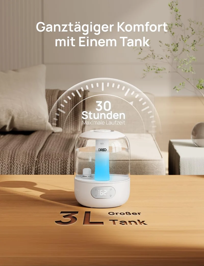 Luftbefeuchter für das Schlafzimmer, Kaltnebel-Ultraschallgerät mit 30 Stunden Laufzeit, 3L Top-Fill-Tank, Feuchtigkeitssensor, Nachtlicht für Babys, Kinderzimmer, für Pflanzen und Zuhause
