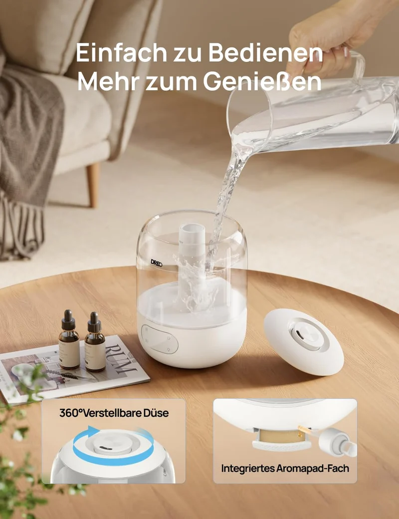 Luftbefeuchter für das Schlafzimmer, Kaltnebel-Ultraschallgerät mit 30 Stunden Laufzeit, 3L Top-Fill-Tank, Feuchtigkeitssensor, Nachtlicht für Babys, Kinderzimmer, für Pflanzen und Zuhause