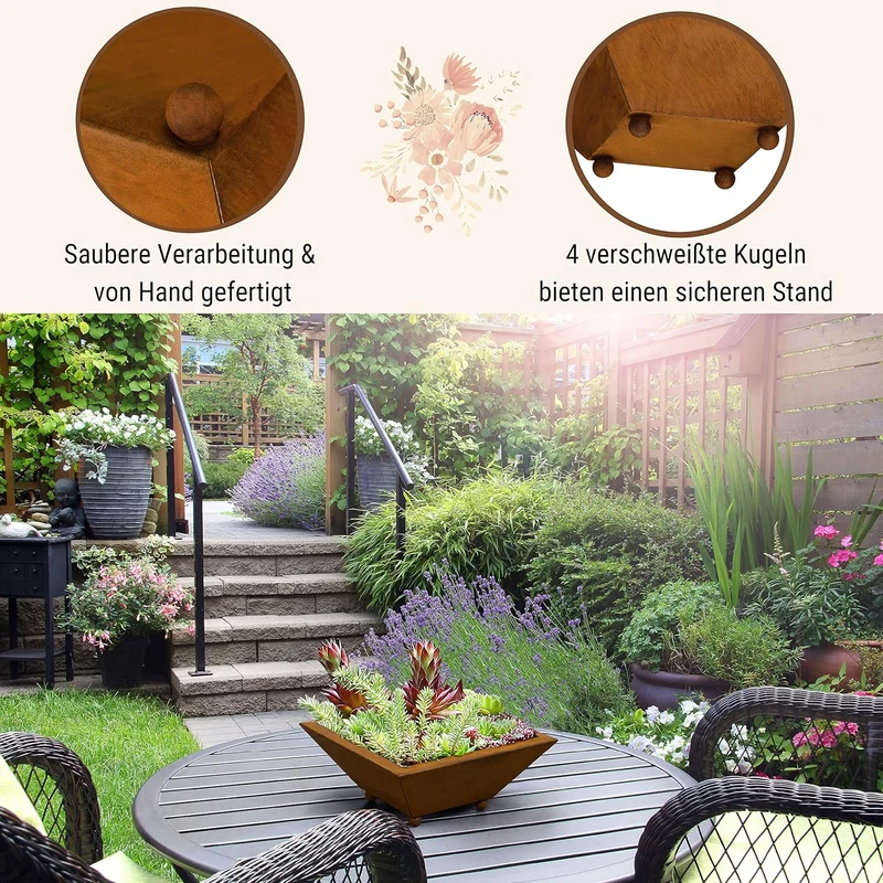 Edelrost Blumenschale 35 × 35 cm – Eckige Pflanzschale aus Cortenstahl auf Kugelfüßen – Wetterfeste Gartendeko für Garten, Terrasse & Hauseingang