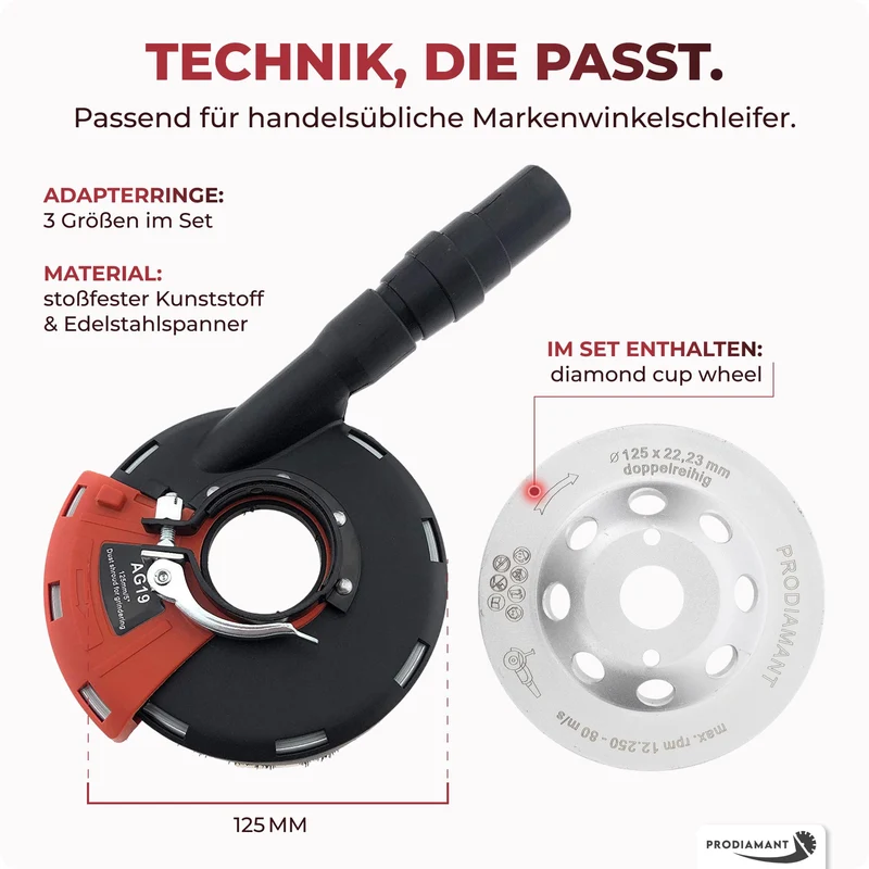 Absaughaube für Winkelschleifer - mit Bürstenkranz - Staubfreies Arbeiten - Premium-Werkzeug mit Diamant-Schleiftopf - 125mm