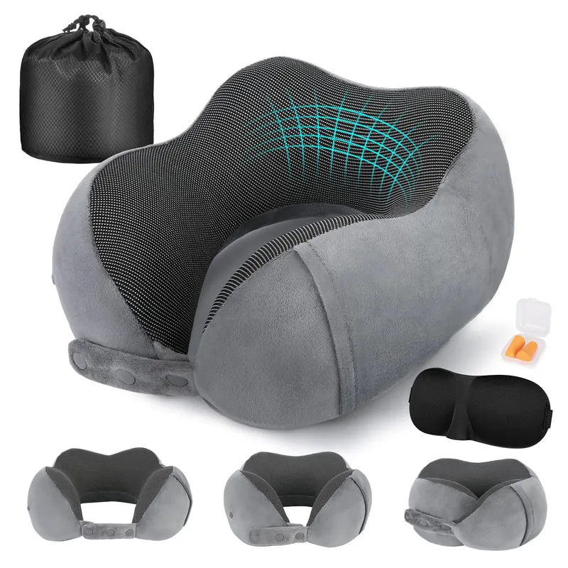 Cirorld Nackenkissen Flugzeug, Nackenhörnchen Erwachsene, Reisekissen Memory Foam, Verstellbares Kompaktes Nackenkissen Reise, Ergonomisches Weich Atmungsaktiv mit Ohrstöpseln, Augenmaske,Tragetasche