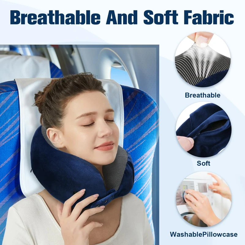 Cirorld Nackenkissen Flugzeug, Nackenhörnchen Erwachsene, Reisekissen Memory Foam, Verstellbares Kompaktes Nackenkissen Reise, Ergonomisches Weich Atmungsaktiv mit Ohrstöpseln, Augenmaske,Tragetasche
