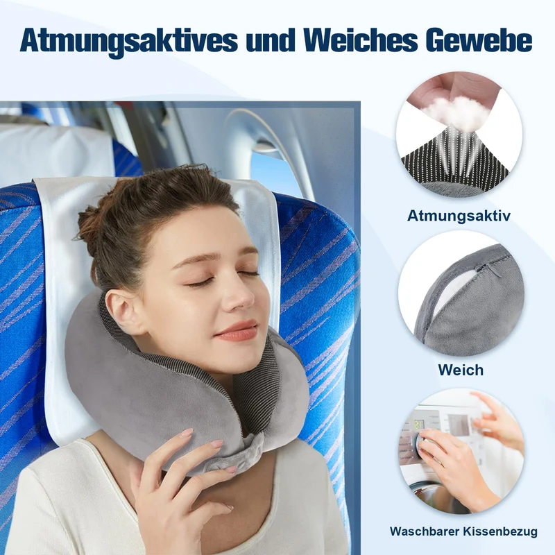 Cirorld Nackenkissen Flugzeug, Nackenhörnchen Erwachsene, Reisekissen Memory Foam, Verstellbares Kompaktes Nackenkissen Reise, Ergonomisches Weich Atmungsaktiv mit Ohrstöpseln, Augenmaske,Tragetasche
