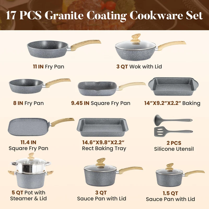 30-teiliges Non-Stick Induktionskochgeschirr und Kochgeschirr Set, Granitbeschichtung