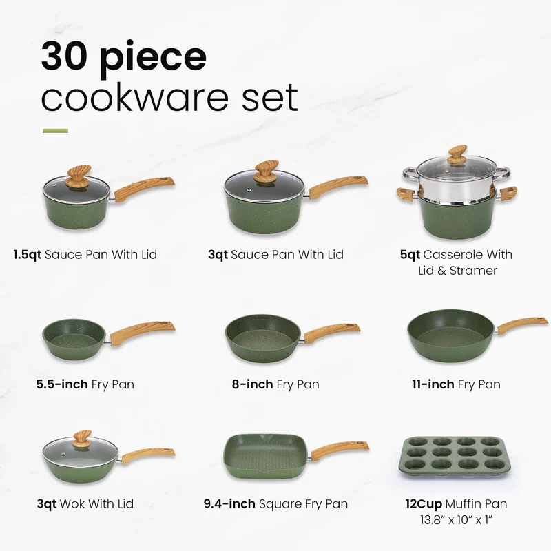 30-teiliges Non-Stick Induktionskochgeschirr und Kochgeschirr Set, Granitbeschichtung