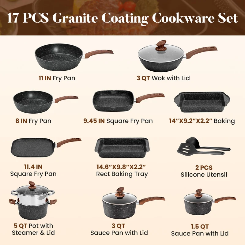 30-teiliges Non-Stick Induktionskochgeschirr und Kochgeschirr Set, Granitbeschichtung