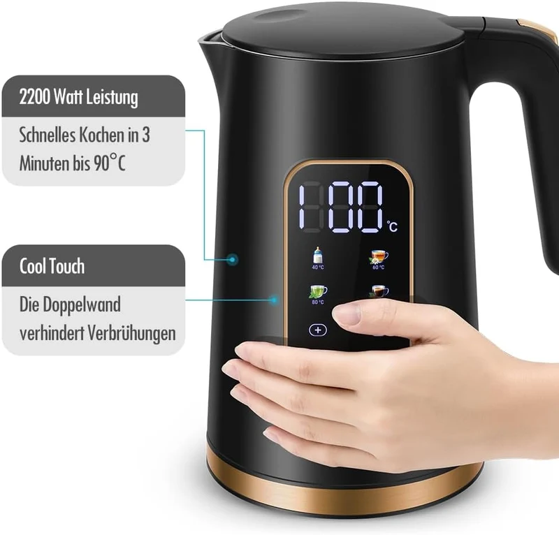 Edelstahl Wasserkocher 1,7 L mit Temperatureinstellung Temperaturauswahl 40-100°C I LED Digitale Temperaturanzeige I Temperatureinstellbare Wasserkocher I Teekanne Teekessel Wärmefunktion
