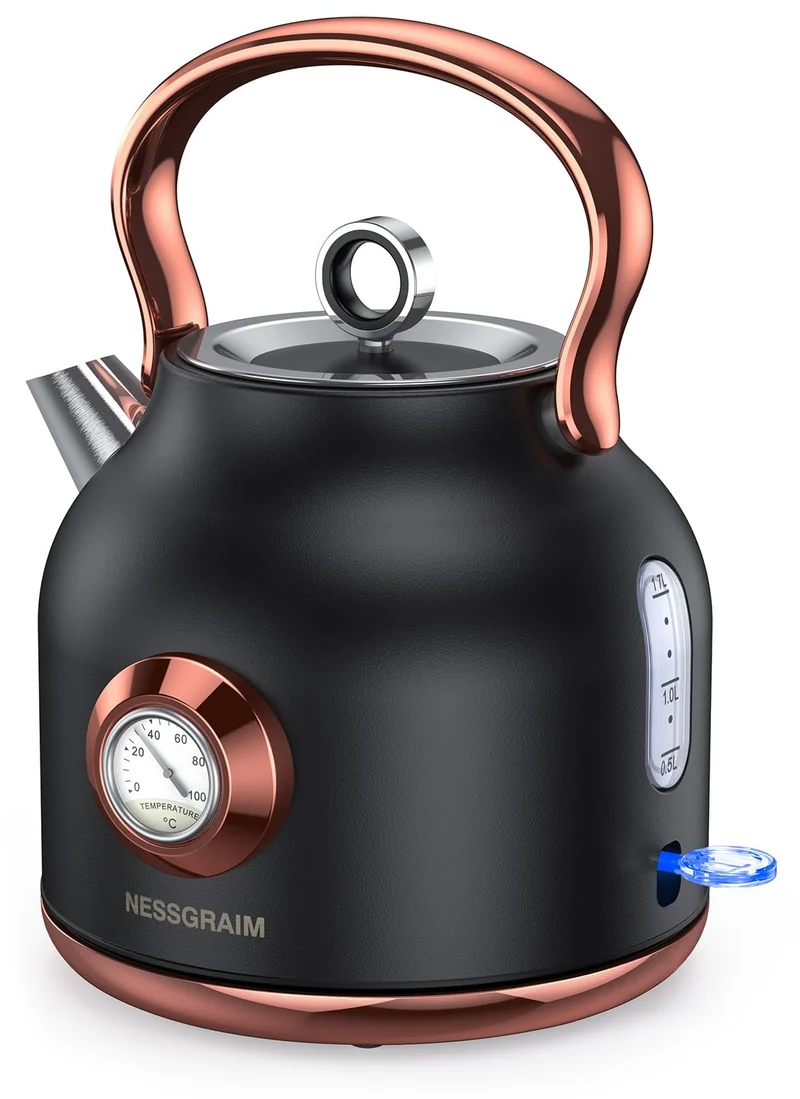 Retro Wasserkocher, 1,7 Liter Edelstahl Teekessel mit grosser Temperaturanzeige, 2200 W Schnellerhitzung Heisswasserkessel mit LED-Anzeige, Schwarz oder Weiss
