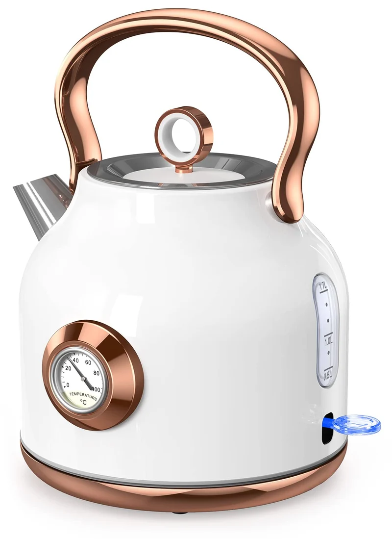 Retro Wasserkocher, 1,7 Liter Edelstahl Teekessel mit grosser Temperaturanzeige, 2200 W Schnellerhitzung Heisswasserkessel mit LED-Anzeige, Schwarz oder Weiss