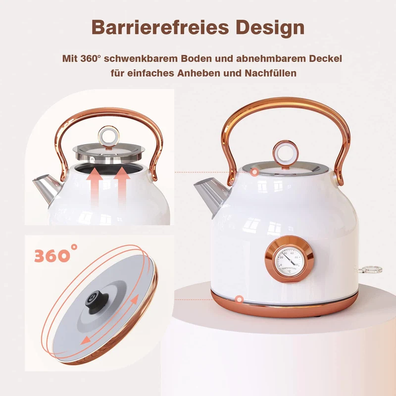 Retro Wasserkocher, 1,7 Liter Edelstahl Teekessel mit grosser Temperaturanzeige, 2200 W Schnellerhitzung Heisswasserkessel mit LED-Anzeige, Schwarz oder Weiss